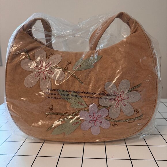 Brighton Tan Suede Moon-shaped Handbag w/ Embroidered Flowers - Picture 1 of 4